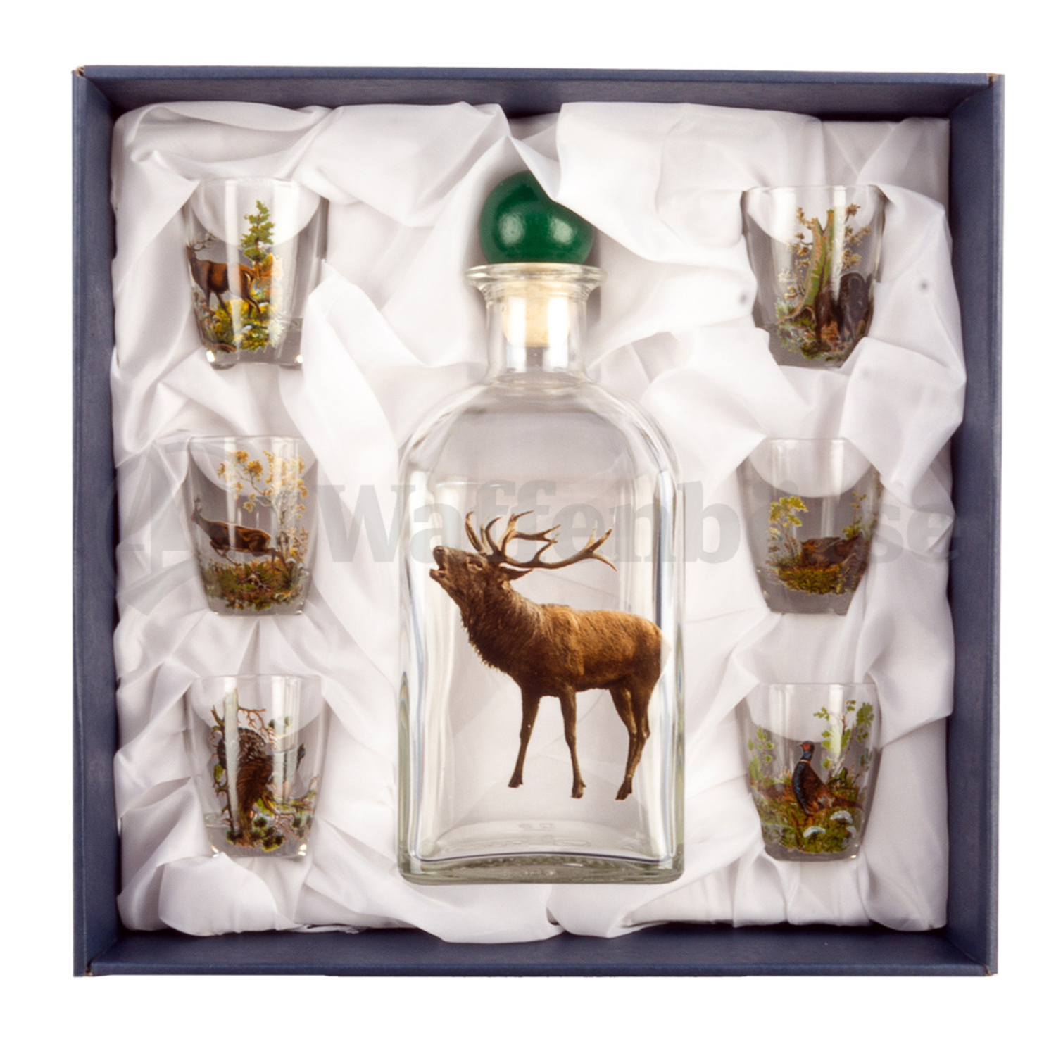 Schnapsservice 7-teilig, mit Jagdekor farbig,