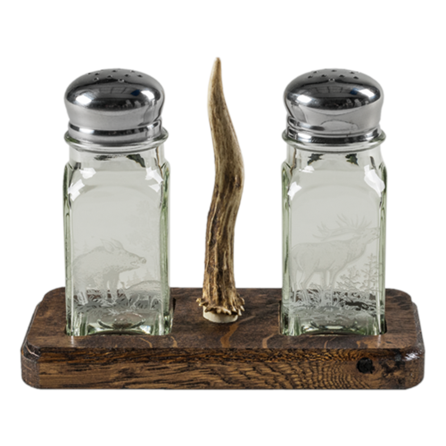 Menage auf Eichenbrett mit Rehstange, Höhe Salz/Pfeffer 10 cm